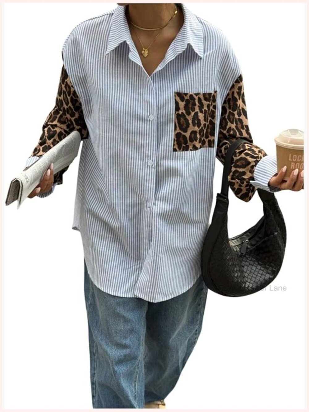 Long Sleeve Button Down Blouse Boyfriend Fit Leopard Stripe Y2K